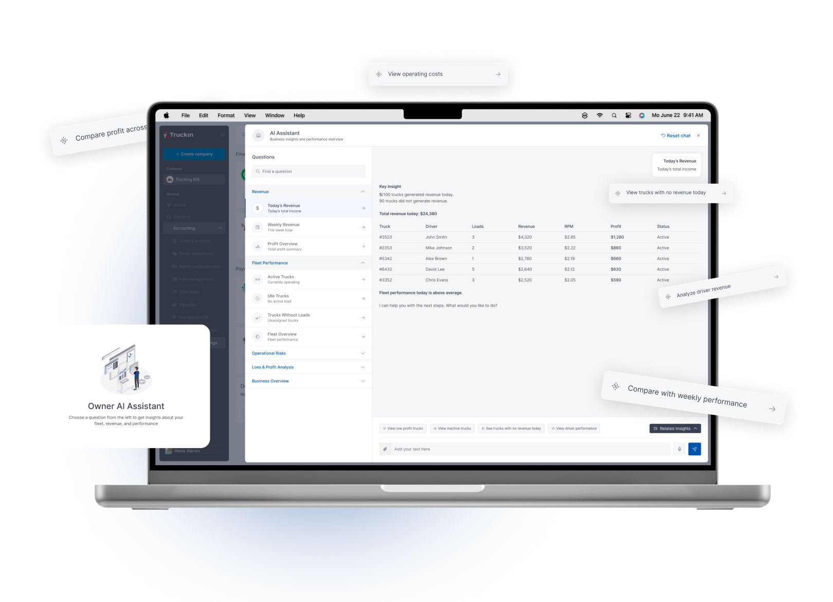 Truckin AI Assistant - Ask operational questions and get useful answers from your fleet data - no report building required.