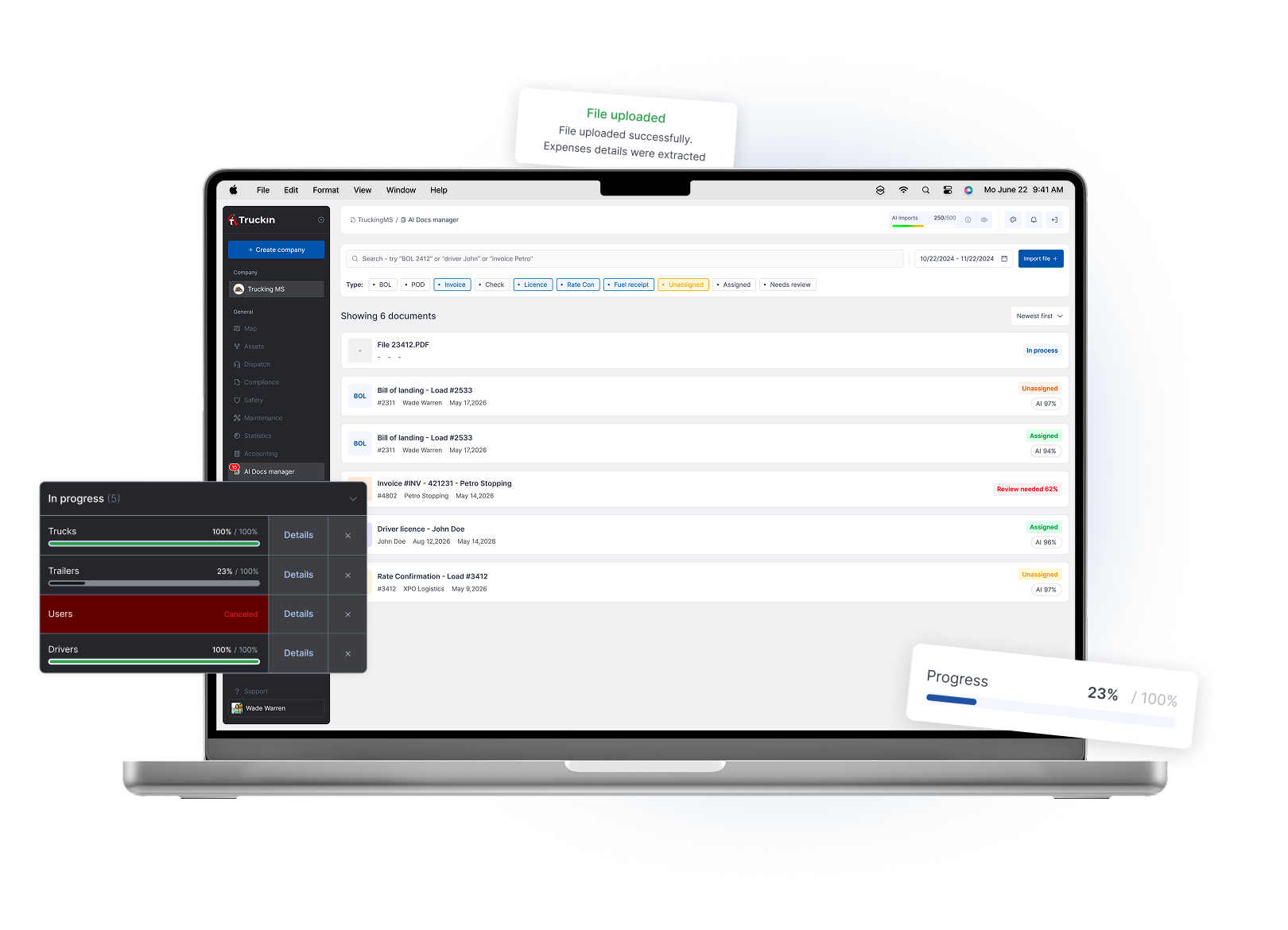 Truckin AI Bulk Document Processing - Upload multiple documents and let AI classify, read and route them to the correct load, driver, truck, trailer, invoice or settlement.