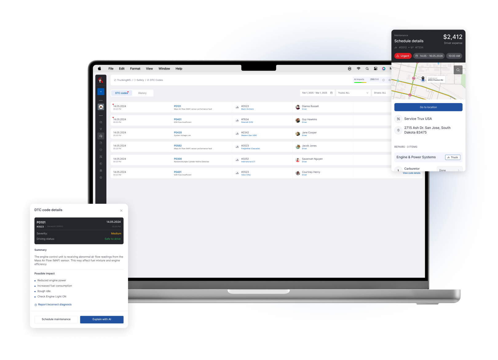 Truckin AI DTC Code Recommendations - Understand fault codes faster and help maintenance teams decide what to check next - with explanation, severity, possible causes and recommended steps.