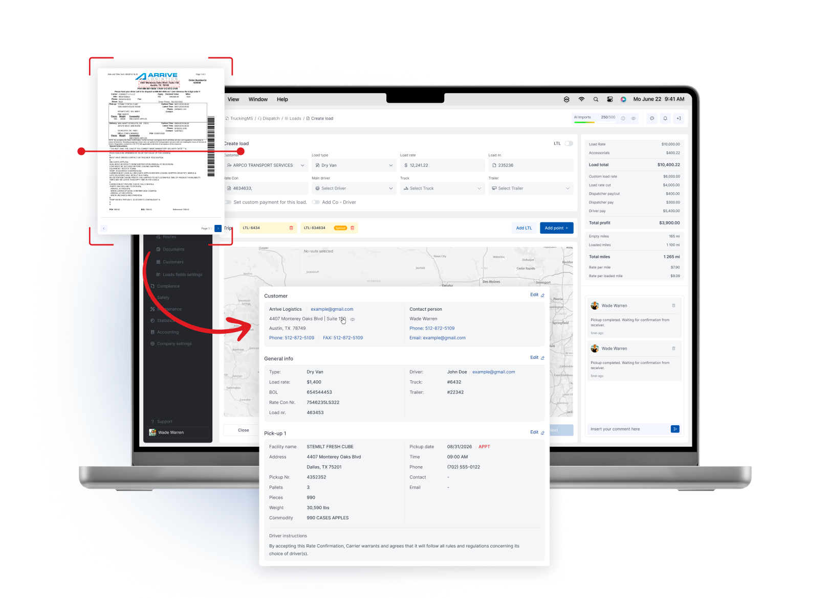 Truckin AI Load Import - Turn rate confirmations, emails, PDFs or spreadsheets into structured loads faster - pickup, delivery, rate, customer, equipment and stops extracted for review.