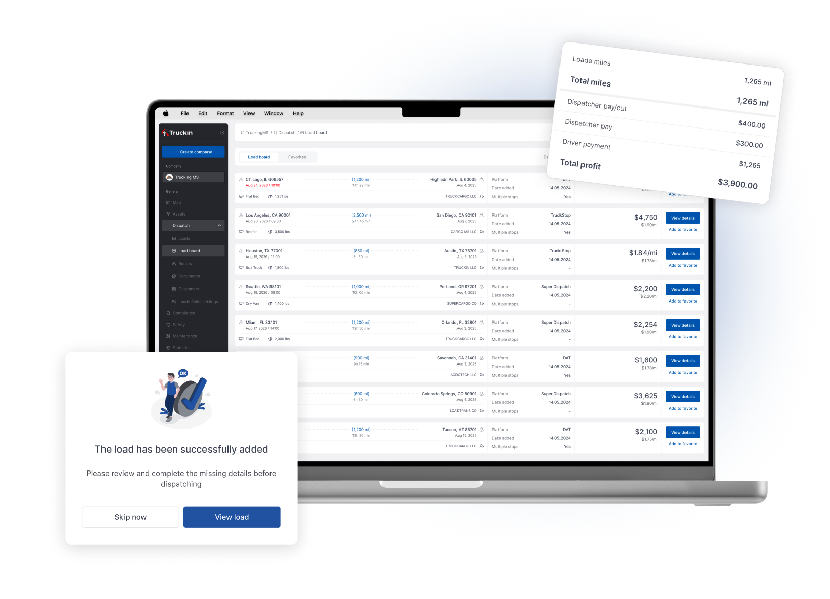 Truckin AI Loadboard Recommendations - Help dispatchers review opportunities from DAT, Truckstop or other loadboards based on route, equipment, availability and expected profitability.