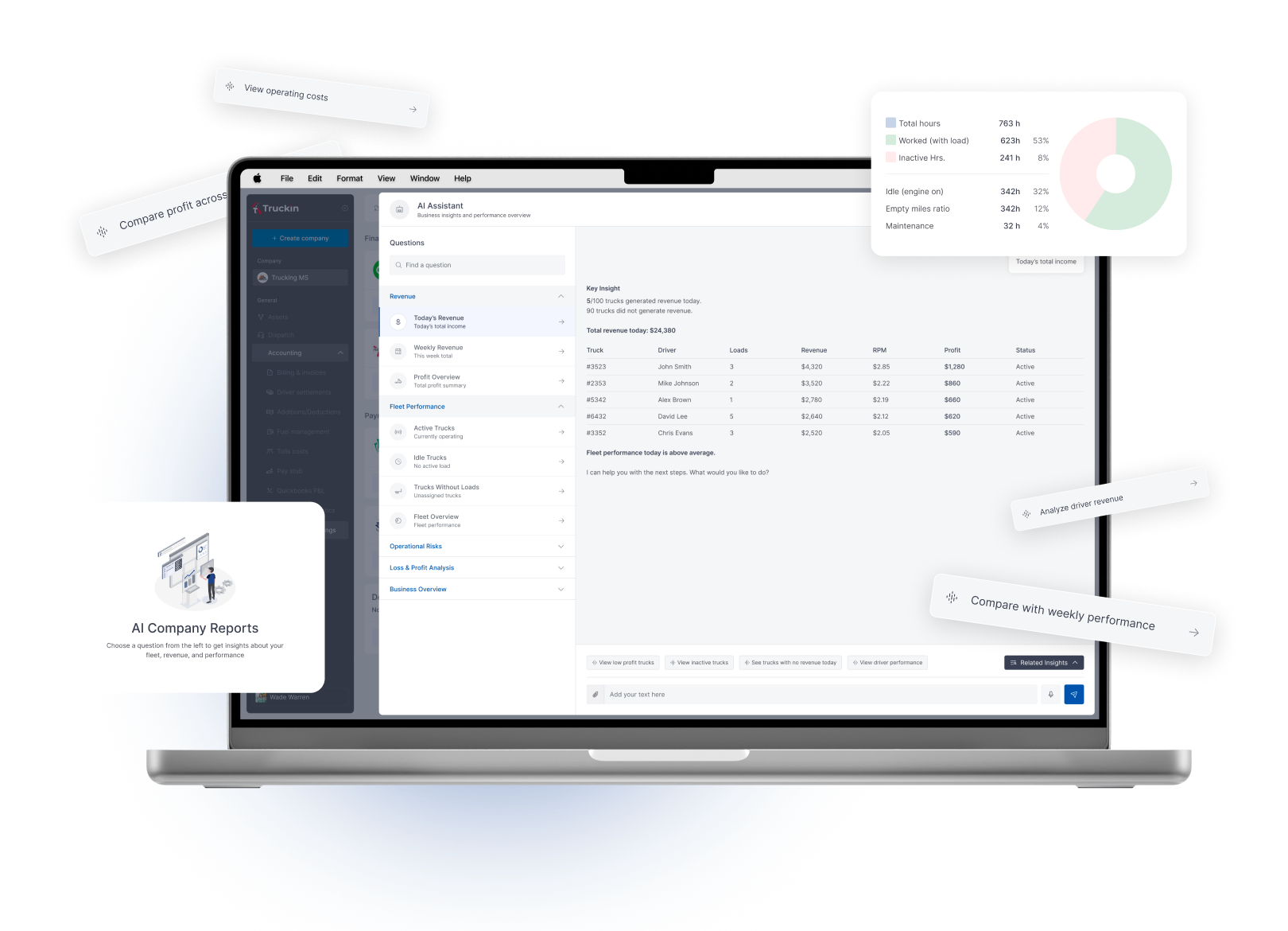 Truckin AI Reporting - Generate automatic weekly and monthly summaries for owners, dispatch, safety, maintenance and accounting teams.