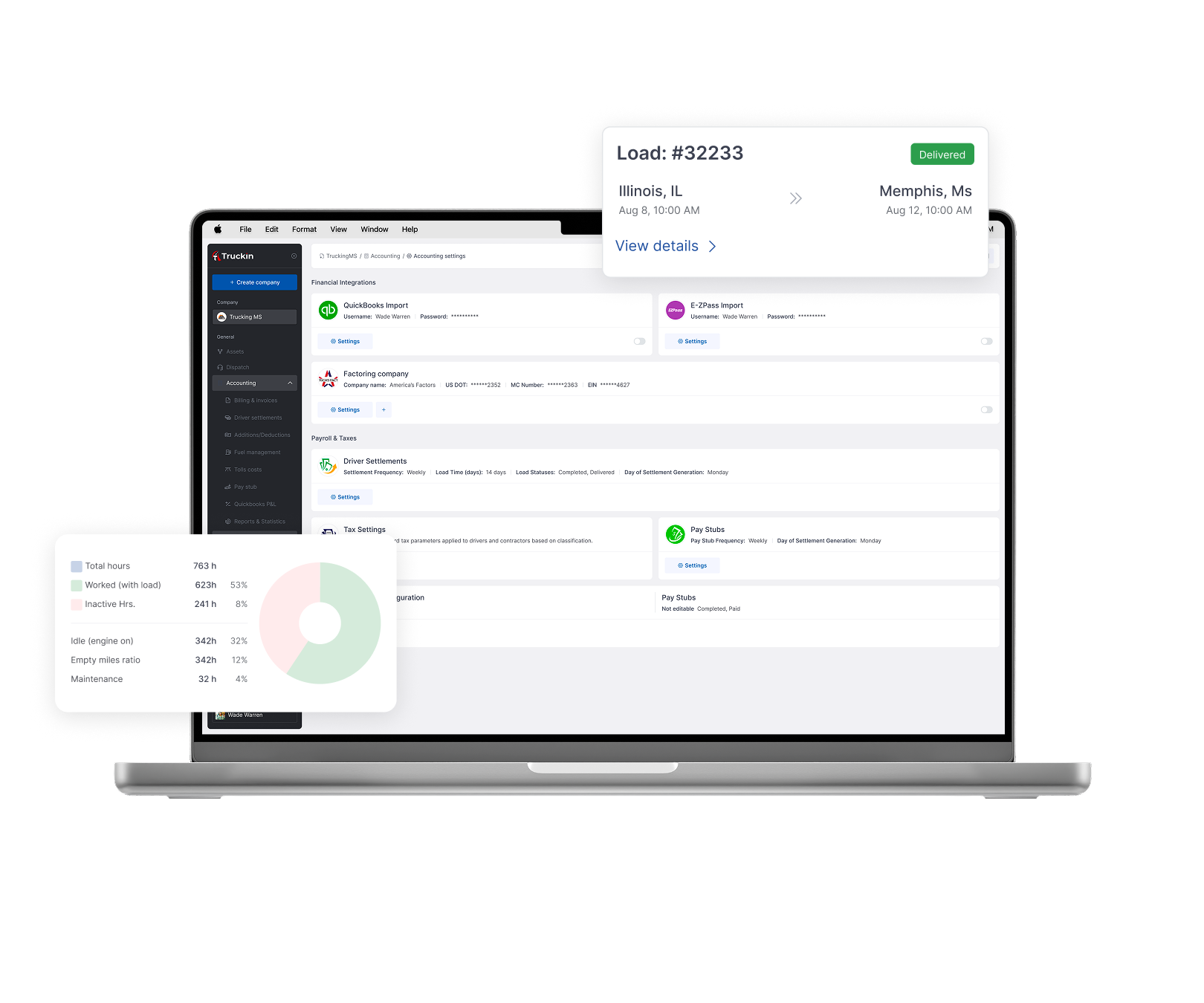Truckin load-to-cash view showing settlements, invoicing and per-load profit
