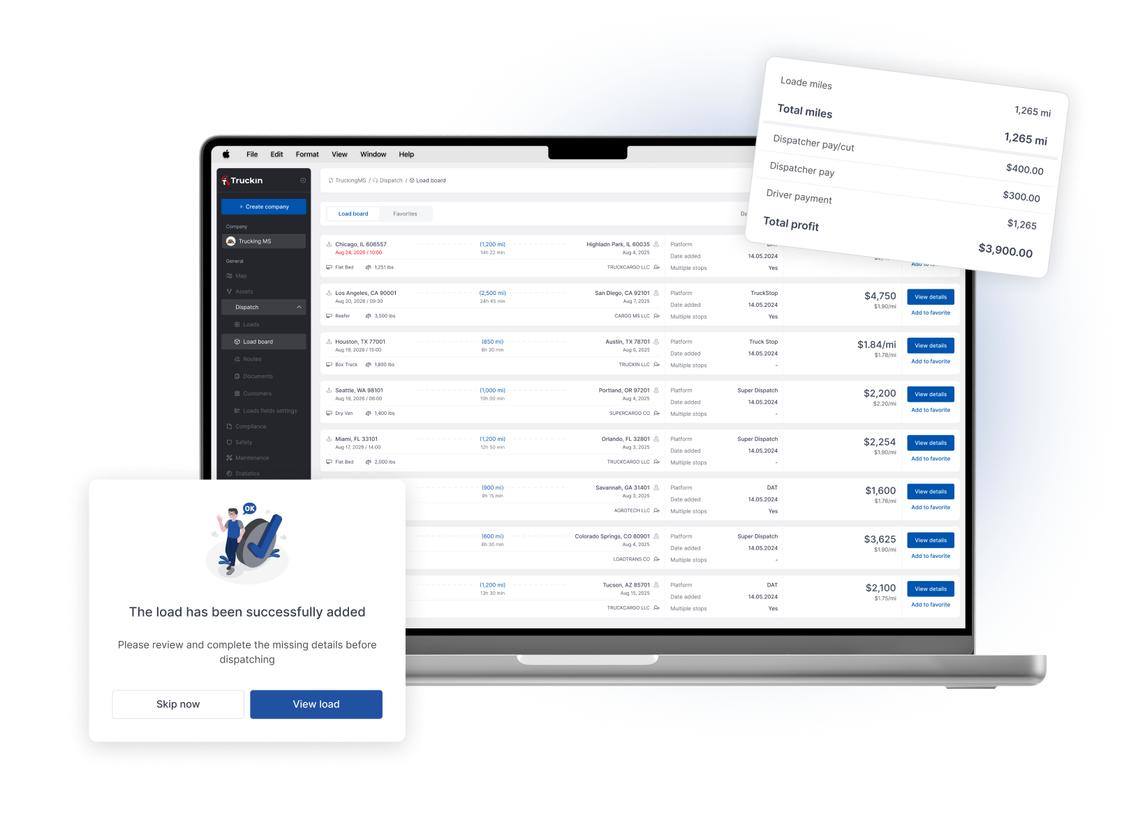 Truckin Loadboards integrations - Import and evaluate load opportunities with workflows connected to dispatch, trips and profitability.