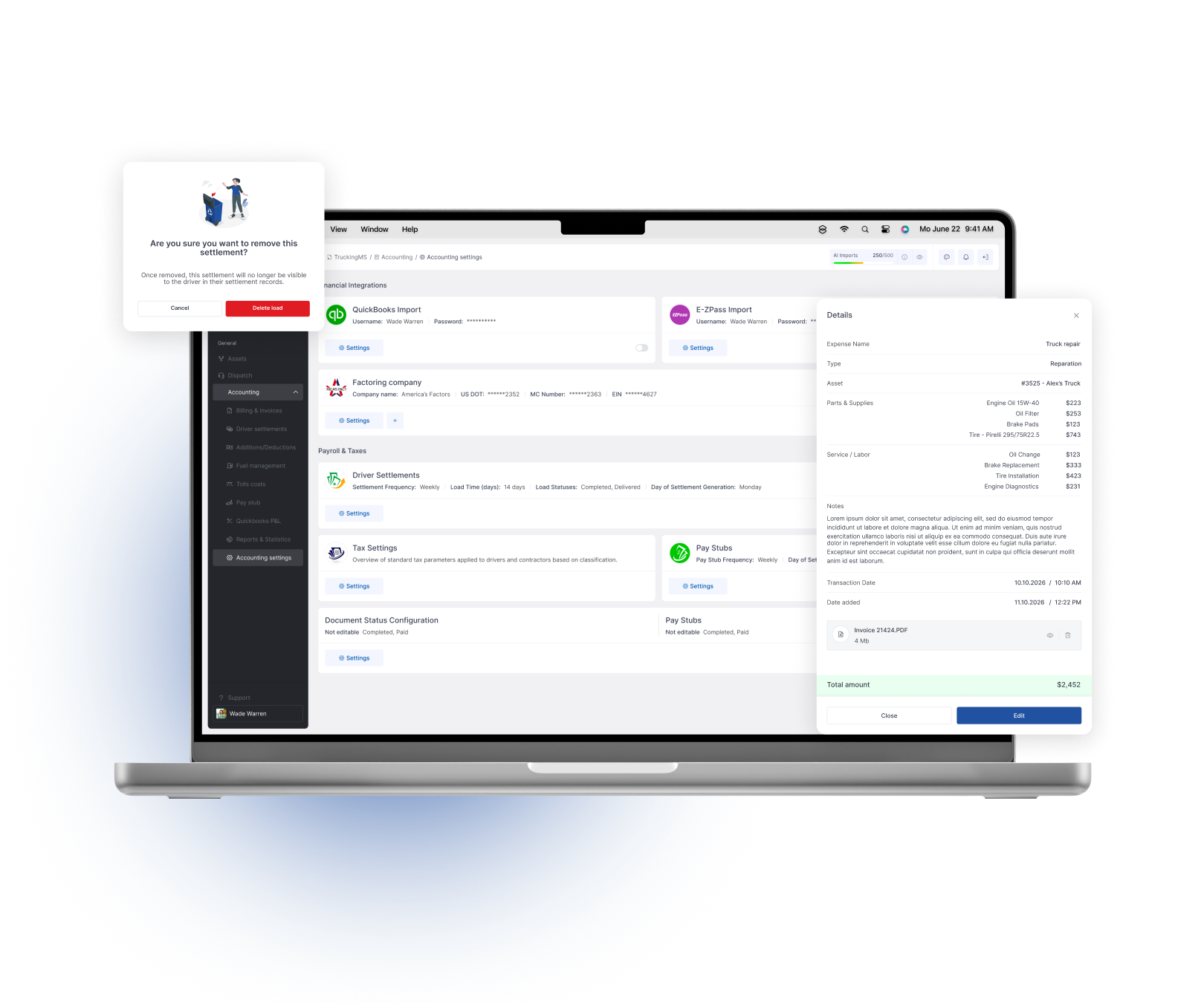 Truckin Automate the back office from load to settlement - Generate invoices, driver settlements, owner-operator settlements, pay stubs, deductions and reports with data connected to dispatch, documents, fuel and tolls.