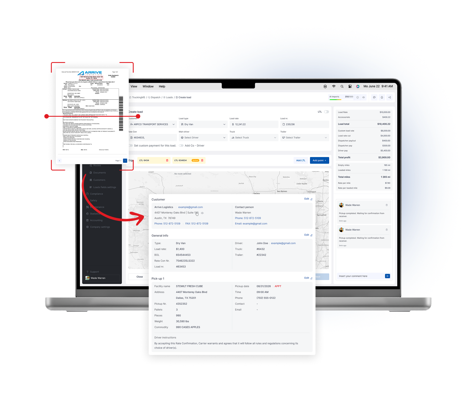 Truckin Dispatch faster with AI-assisted load import - Create, import, assign and manage loads from one place - including LTL, split loads, trips, customer settings and automated calculations.