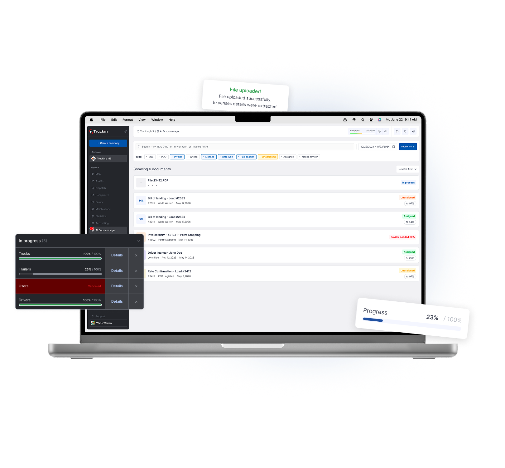 Truckin Organize everything with AI document processing - Let AI classify, read and route documents to the right load, driver, truck, trailer, invoice or settlement - and keep tasks moving.