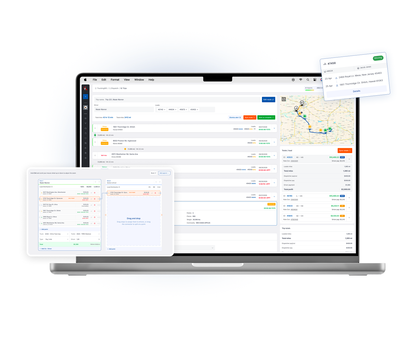 Truckin Handle complex routing with trips, LTL and split loads - Manage multi-stop trips, partial loads and automated cost, mileage and revenue calculations without forcing your team into a one-size-fits-all workflow.