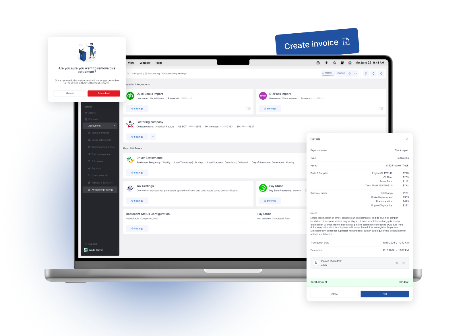 Truckin Truckin for Accounting Teams - Generate invoices, settlements, pay stubs, deductions and financial reports with less manual work and fewer missing documents.